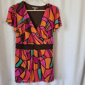 Apt. 9 Blouse Tie Behind Abstract Geometric 2X Plus lined colorful Y2k Retro Bol